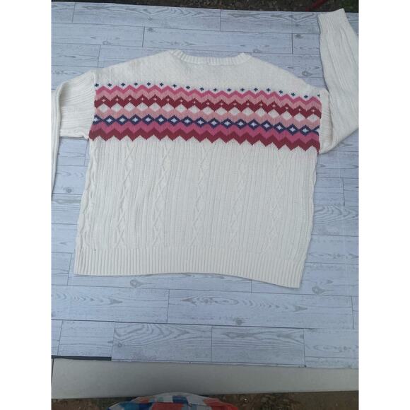 Chaps Women’s Fair Isle Sweater Large Cream Pink Red Cable Knit Nordic Winter - Picture 6 of 7
